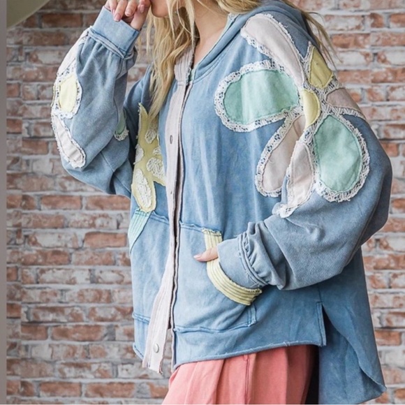 Oli & Hali Floral Patchwork Hoodie Mineral Wash Jacket size XL Blue - Picture 2 of 15